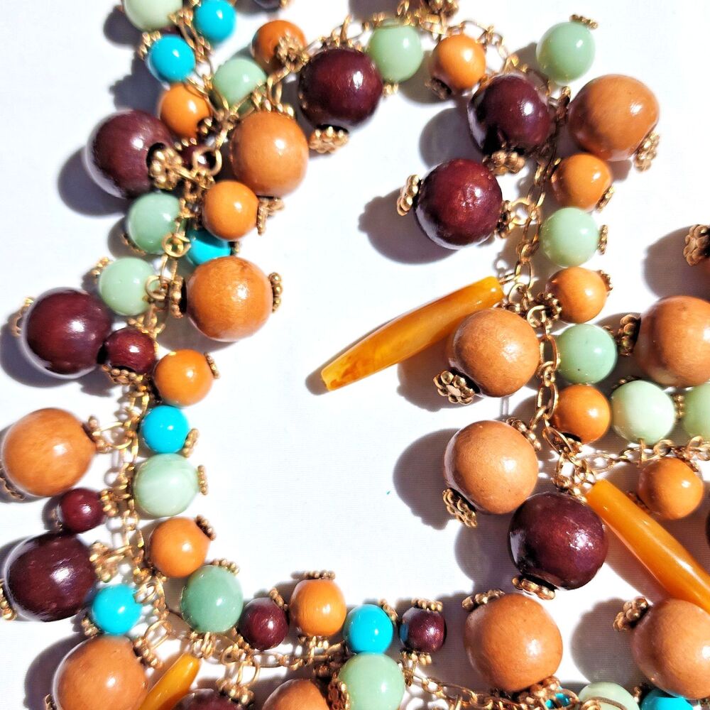 Boho Cha Cha Cluster Bead Necklace Double Strand Earth Tone Teal Statement